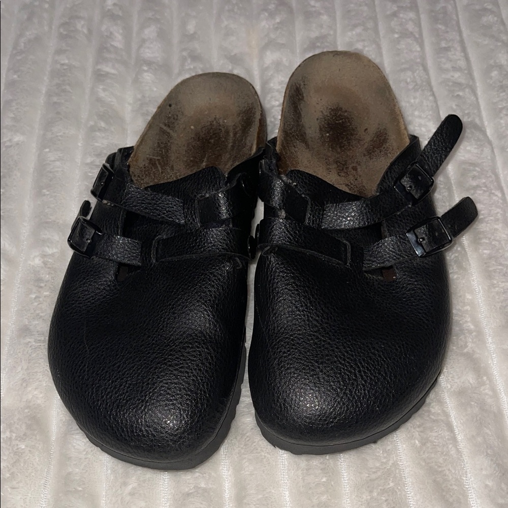 Birkis Birkenstock Black Leather Slip-On Clogs | Size 39 Ladies 8